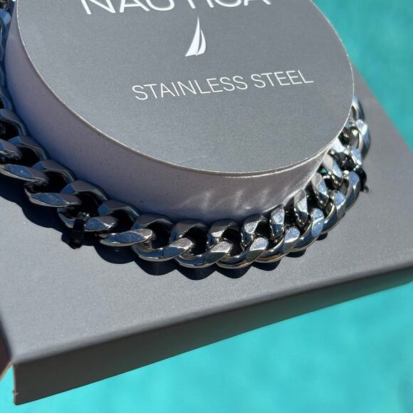 Nautica mens stainless steel Cuban link chain bracelet 8.5 in lobster clasp NIB - Picture 10 of 16